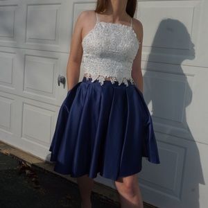 White and blue two piece dress with pockets